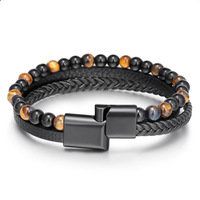 Simple Hand-woven Men's Bracelet Natural Tiger Eye Stone Leather Bangles Volcano Stone Beaded Male Bracelet