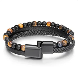 Simple Hand-woven Men's Bracelet Natural Tiger Eye Stone Leather Bangles Volcano Stone Beaded Male Bracelet
