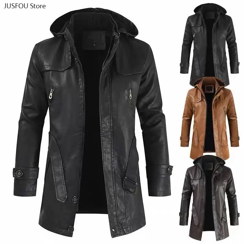 Men Hooded Leather Jacket Warm Winter Motorcycle Extended Coat Slim Fit Windproof Casual Outerwear Multi Pocket Leather Jackets