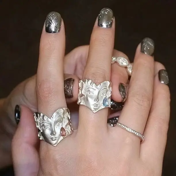 Creative Human Face Mask Open Ring Distressed Metal Texture Unique Color Rhinestone Accessory Holiday Styling Finger Ring Women