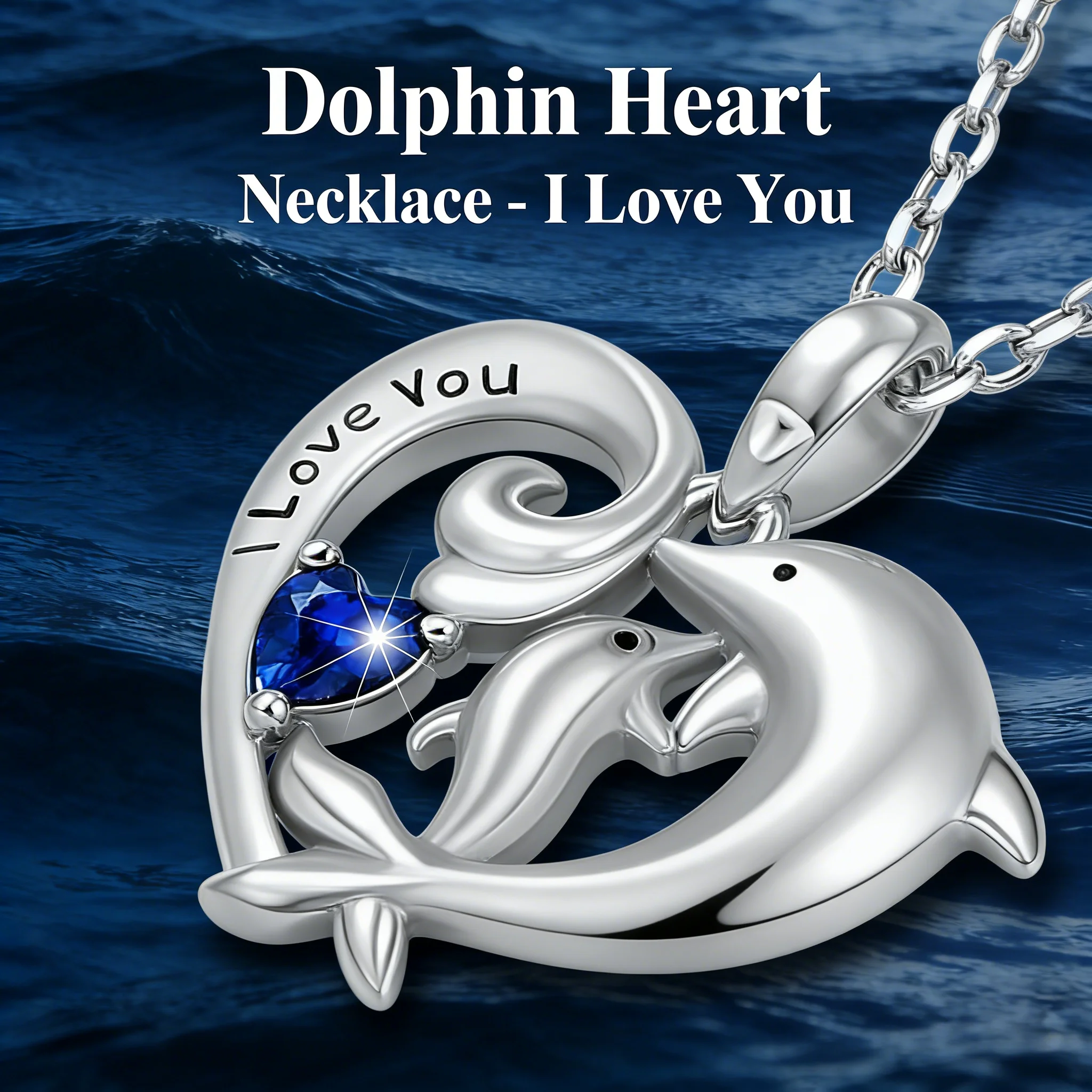 Zinc Alloy Mom Baby Dolphin Heart Necklace Blue Faux Crystal 