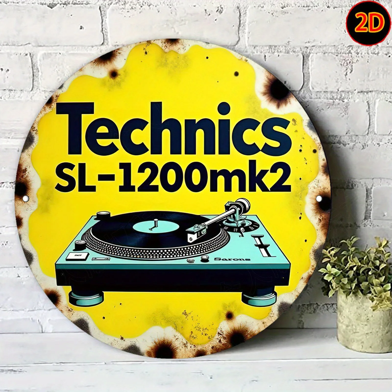 Letrero de pared de metal 2D plano, estilo vintage Technics SL-1200mk2 - Placa circular retro de aluminio con diseño vibrante en amarillo y negro, 20