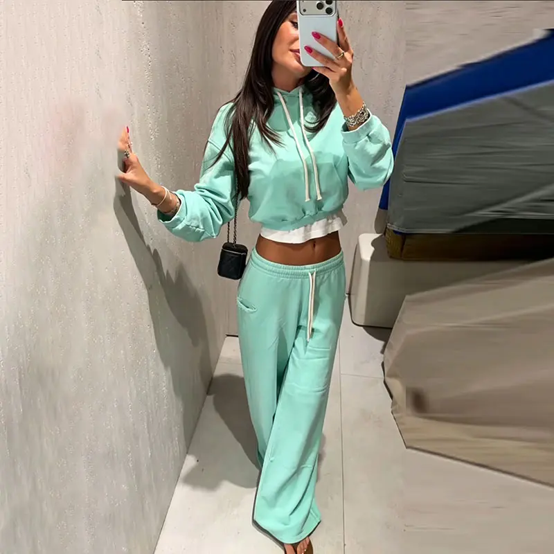 Damen Crop-Hoodie-Sweatset-Outfit, Langarm-Kapuzenpullover mit Kordelzug, Weitbeinige Jogginghose, Trainingsanzug, Lässige Streetwear – Detail 28