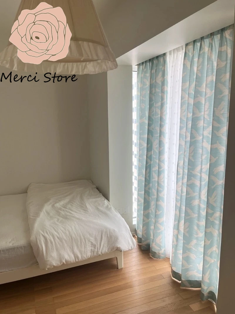 

Retro Blue Bird Printed Simple Semi Blackout Curtains for Childrens Room Bedroom Kids Custom Cotton Linen Texture Drapes