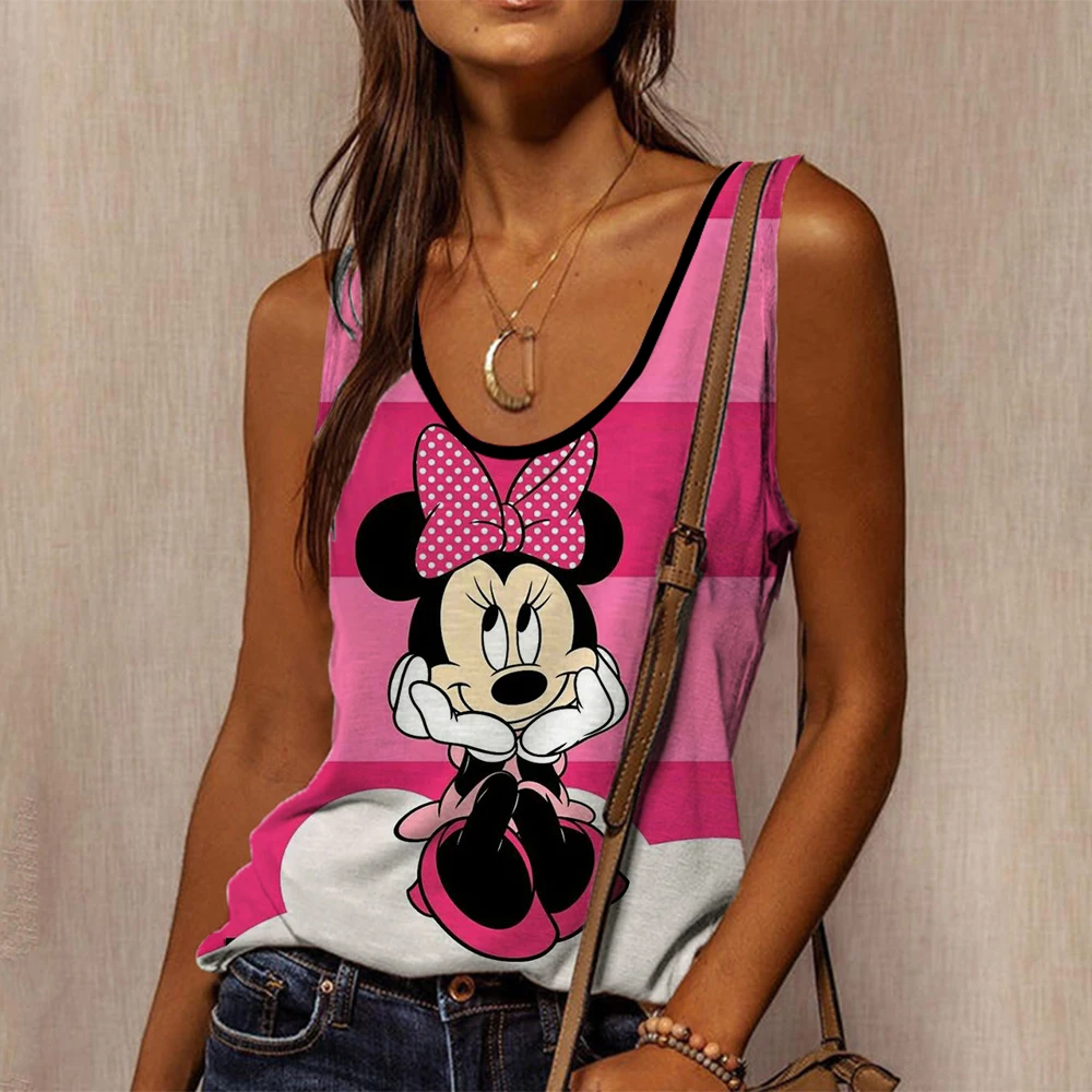 2024 Summer New Disney Mickey Mouse Print U-neck Sleeveless Shirt Women's Loose Casual Top Thin Pullover XXS-XXXL