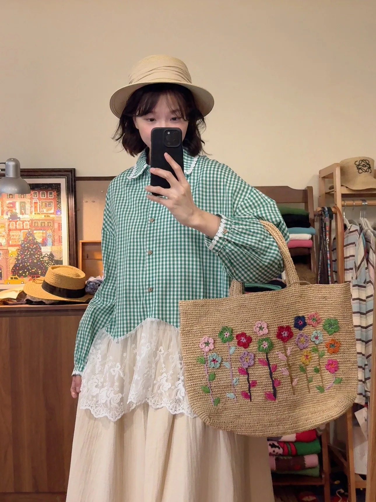 

RXRan Lace Trim Plaid irt Vintage Artistic Loose Casual Forest System Fre Match Long Sve Cotton Women's irt