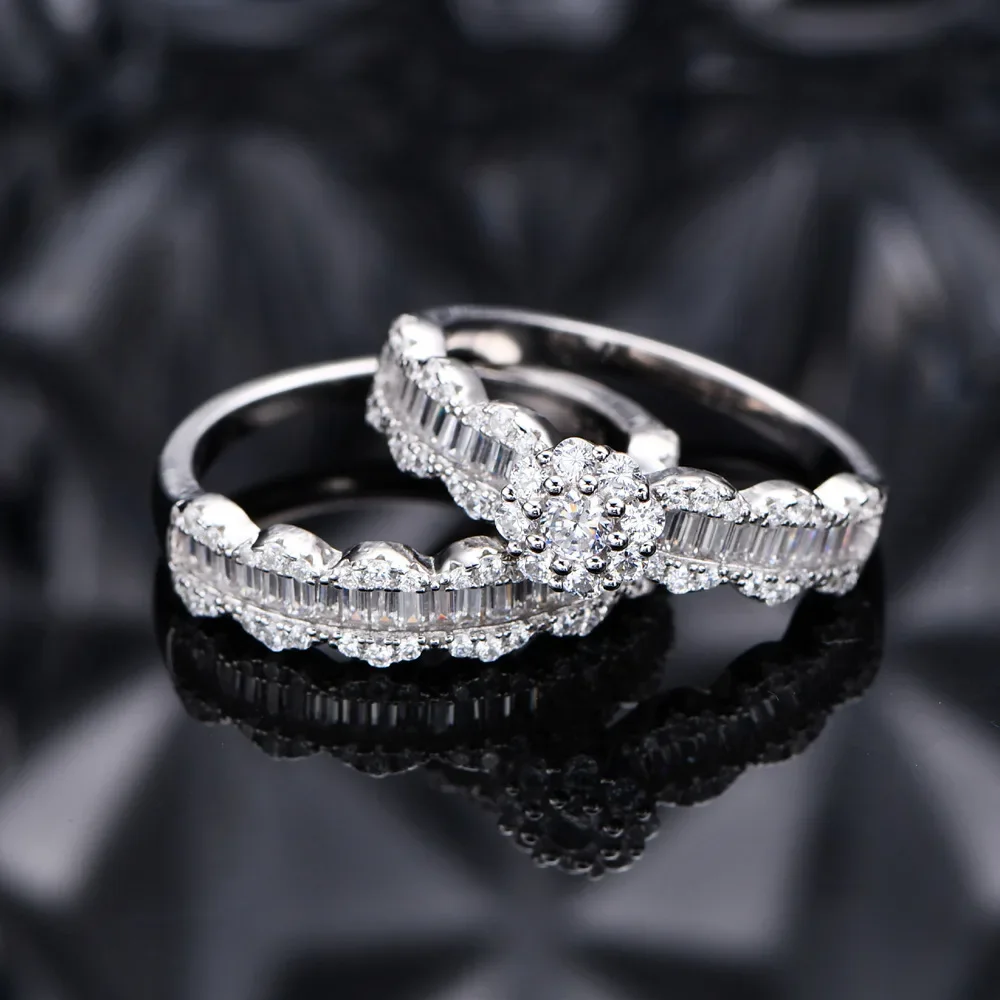 Ripple Snowflake Micro Inlaid Ring S925 Silver Ring Two-piece Set Mother Ring Set European and American Fashion Accessories