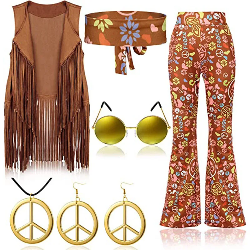 Women 70s Hippie Disco Cosplay Costume Peace Love Girls Indian Tassels Hippie Accessories Set Halloween Carnival Party Gift