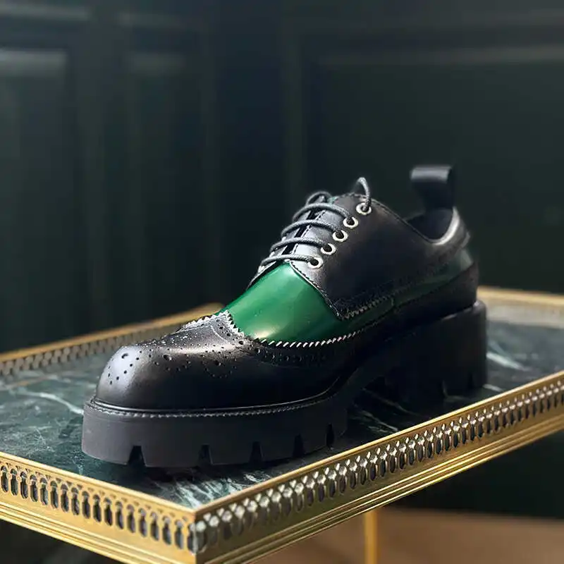 

New British Genuine Leather Brogue Thick Sole Leather Shoes Men Casual Sculpted Height Increasing Dress Derby Wedding Shoes