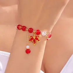 Minimalist Handmade Beaded Tassel Bracelet for Women Exquisite Red Crystal Maple Leaf Pendant Bracelet Friendship Jewelry Gifts
