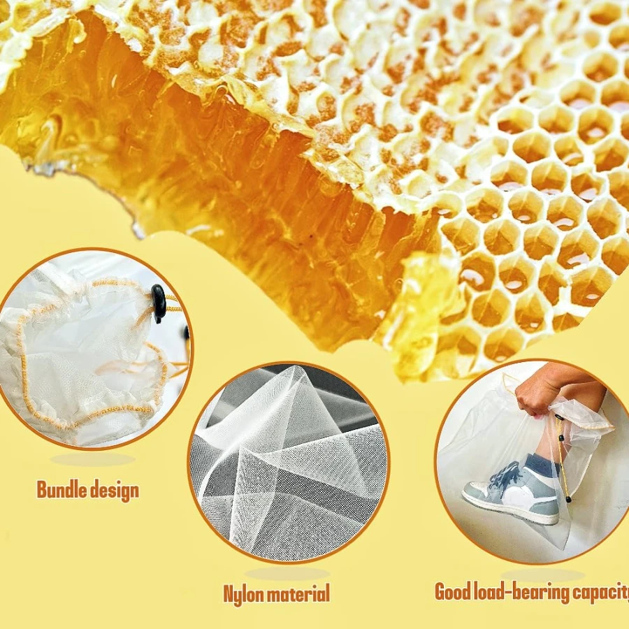Beekeeping Honey Strainer Filter Fiber Net Honey Strainer 5 Gallon Bucket Screen Fiber Bee Filter Net Mesh Strainer Drawstring