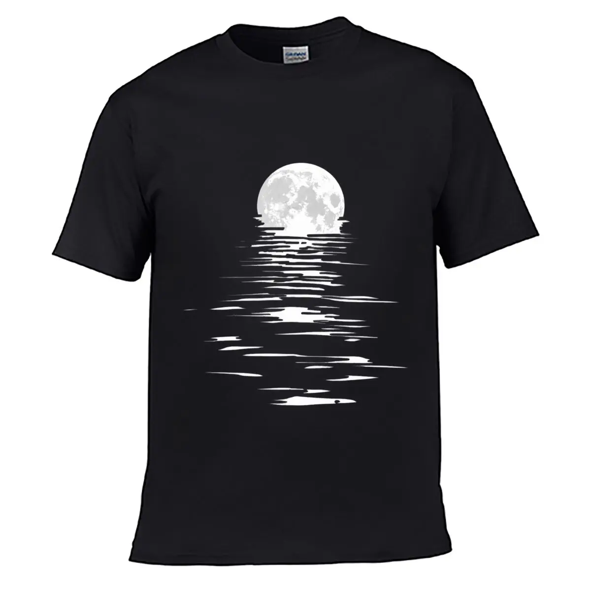 Full Moon Misty Water Reflection Minimalist Nature Graphic Men Summer Washed Tee Loose Distressed Top