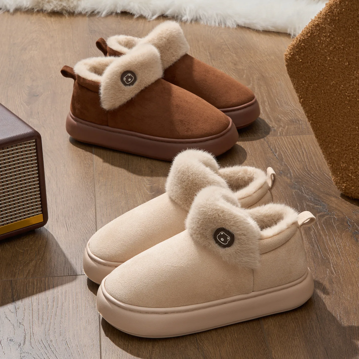 Women Men Closed Heel Winter House Booties Soft Fluffy Lining Thermal Warm Thick Sole Anti Slip Indoor Outdoor Daily Footwear