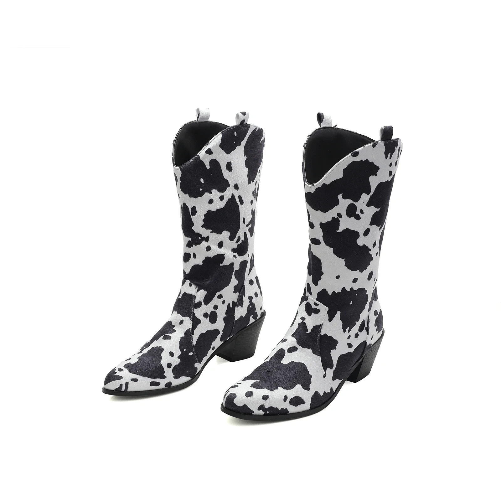 

Autumn Sexy Women's Cowboy Boots Mid Calf T Show Pointy Toe Zipper Club Party Chunky Heels Western Boots Cow Print Thigh Boot