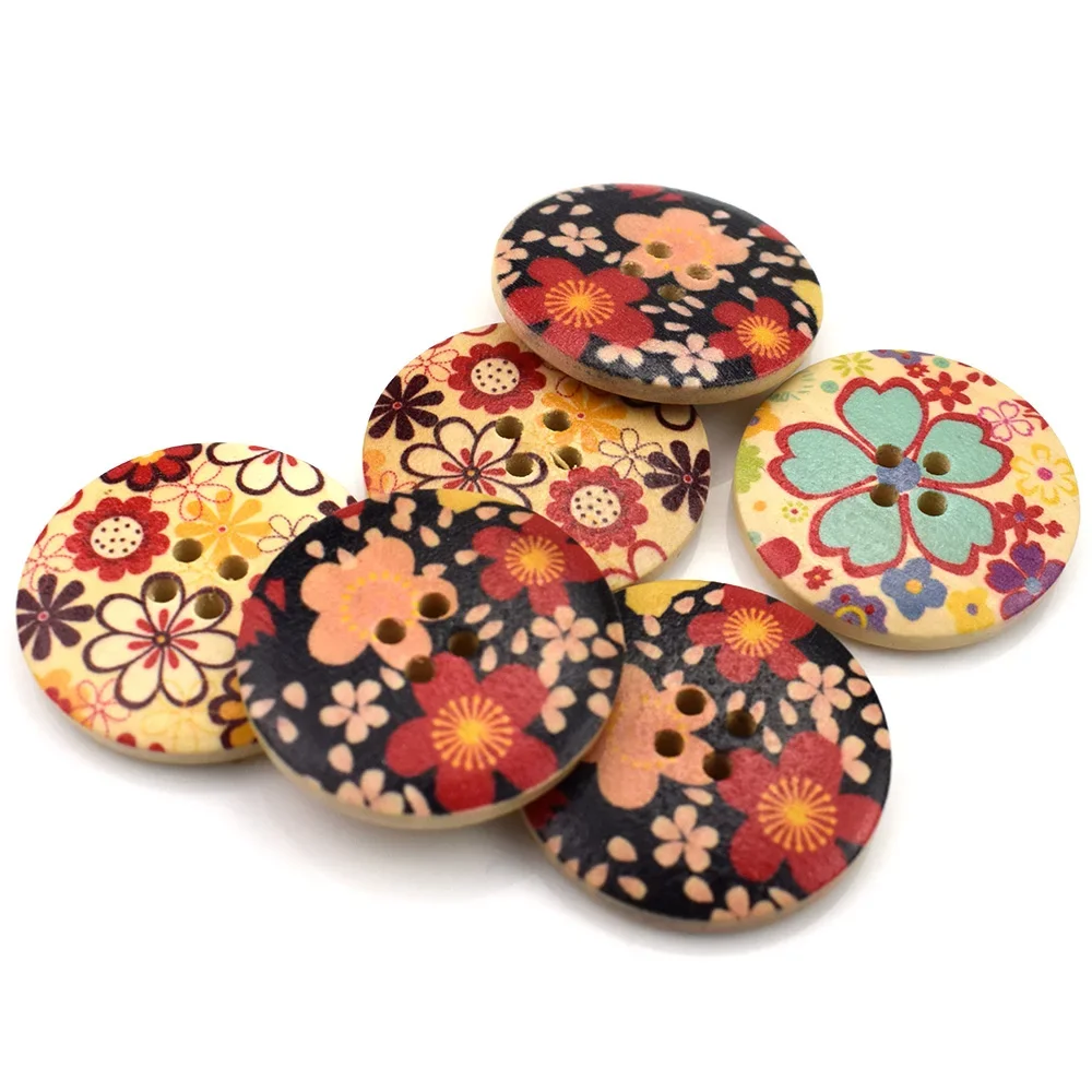 Mix Wood Flower Buttons for Clothing Sewing, 10Pcs, 30mm, 4 Holes, Decorative Crafts, Home Decor