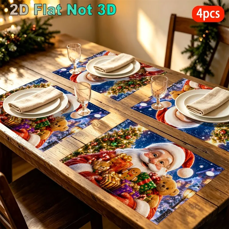 VIKAMA Christmas Linen Placemats, Santa with Teddy Bears and Gifts, Absorbent Easy Clean, Festive Dinner