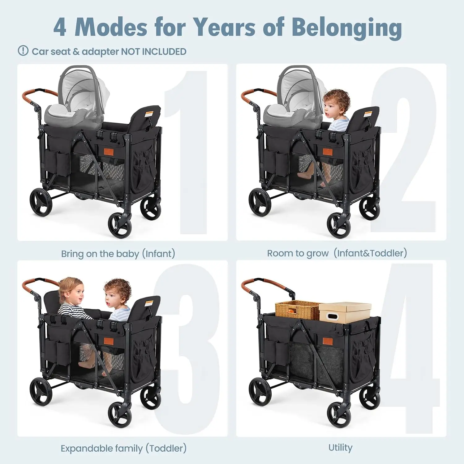 Wagon Stroller for 2 Kids, High Seat & 5 Point Harness, Foldable All-Terrain Wagon for Toddler with Canopy, Parent Organizer, Sh