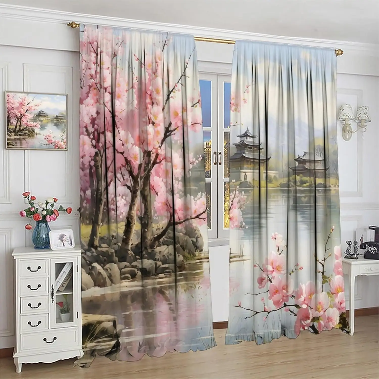Cherry Blossoms Curtains,Japanese Traditional Watercolour Asian Oriental Nature Landscape Decor Drape for Bedroom Living Room