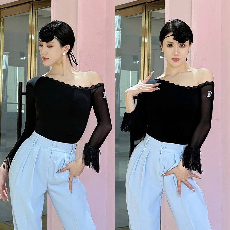 Women Clothes Latin Dance Long Sleeved Diagonal Shoulder Fringe Jumpsuit Practice Costume Chacha Rumba Tango Adult Wear DQL9987