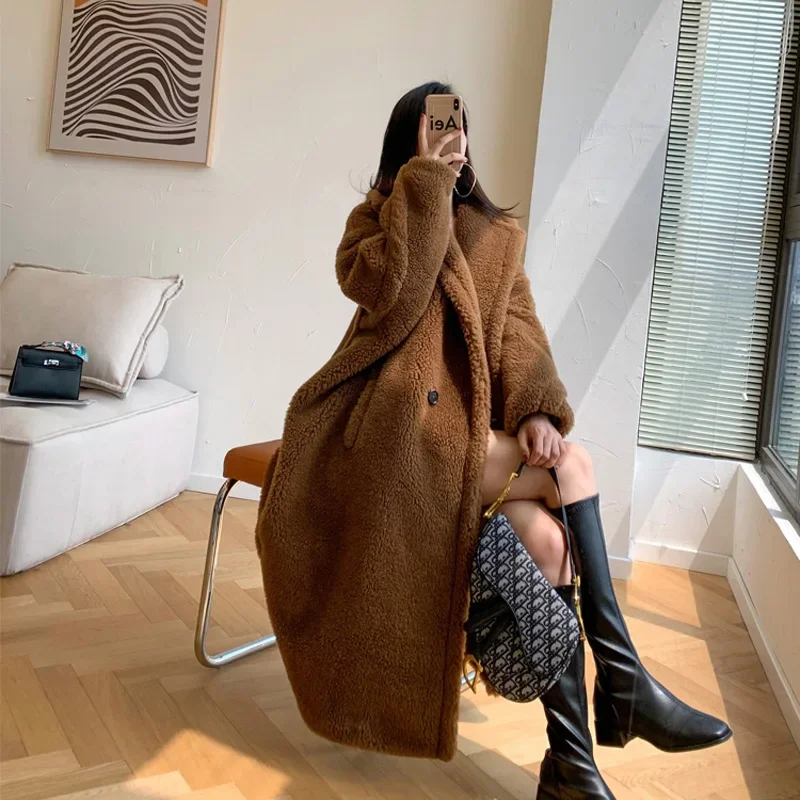 New Warm Real Fur Teddy Bear Coat Women Long Vintage Thick Teddy Alpaca Fur Coat Fashion Turn-down Collar Loose Wool Coat Winter