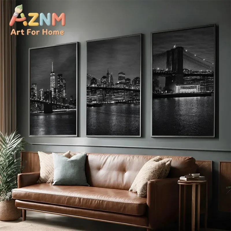 Black White New York City Nightscape Poster Brooklyn Bridge Manhattan Skyline Wall Art Bedroom Living Room Hallway Home Decor