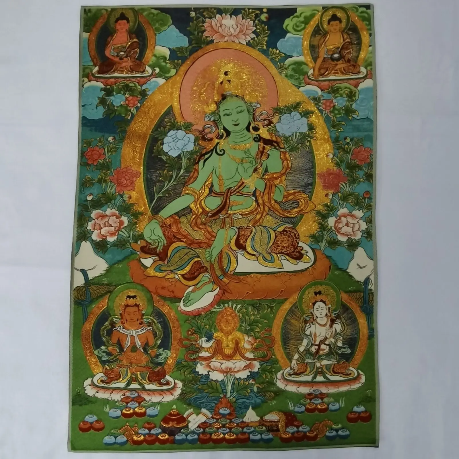 36" Tibet Cloth Silk Buddhism Green Tara Guanyin Tangka Fine Mural Home Buddhist Hall Wall Decoration