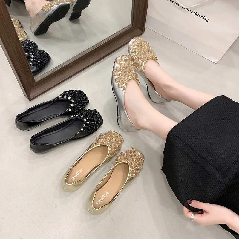 

New Womens Shoes French Rhinestone Soft Soled Flat Shoes Designer Shoes for Women Summer Square Toe Casual Shoe Zapatos De Mujer