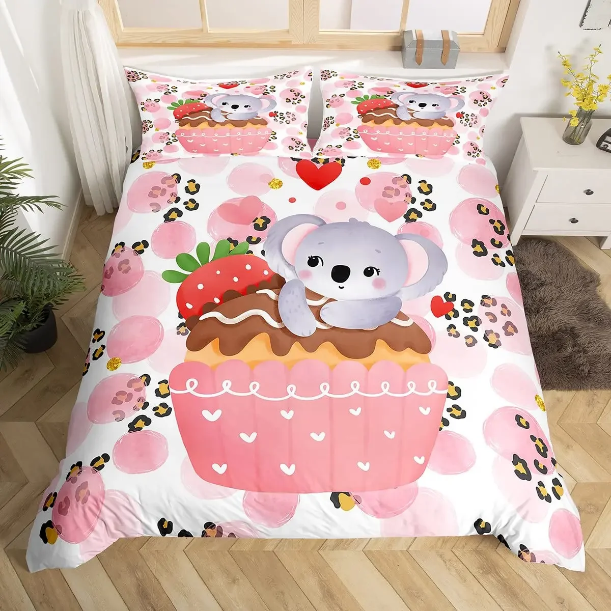 Cartoon Cute Koala Pink Flowers Duvet Cover Women Kids Girls Teens Warm Gifts Bedroom Decoration Cartoon Animal Theme Queen Size