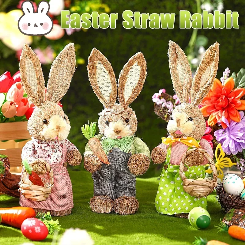 35cm Easter Bunny Handwoven Grass Rabbit Decoration Cute Craft Home Decor for Spring Parties Basket Fillers Birthday Gifts