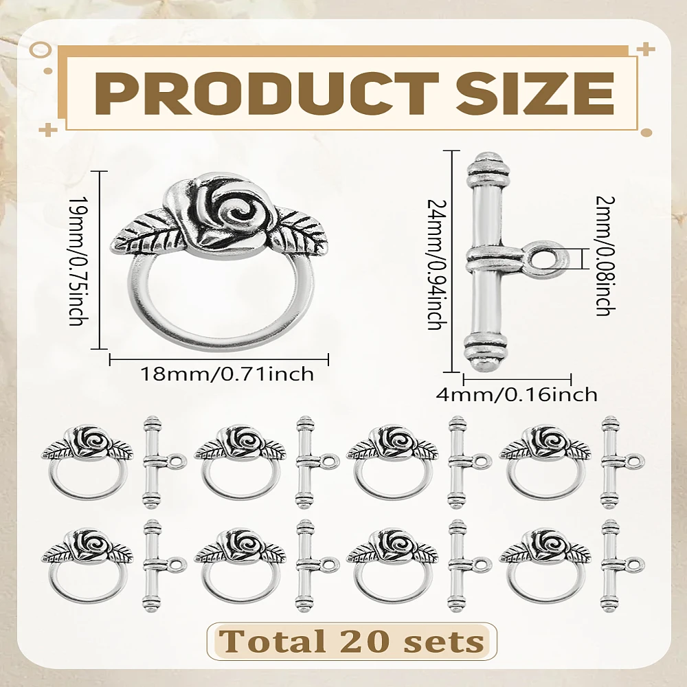 20 Set Rose Flower Toggle Clasp Style Flower Toggle Clasps T-Bar Closure Silver for Necklace Bracelet Craft Jewelry Making