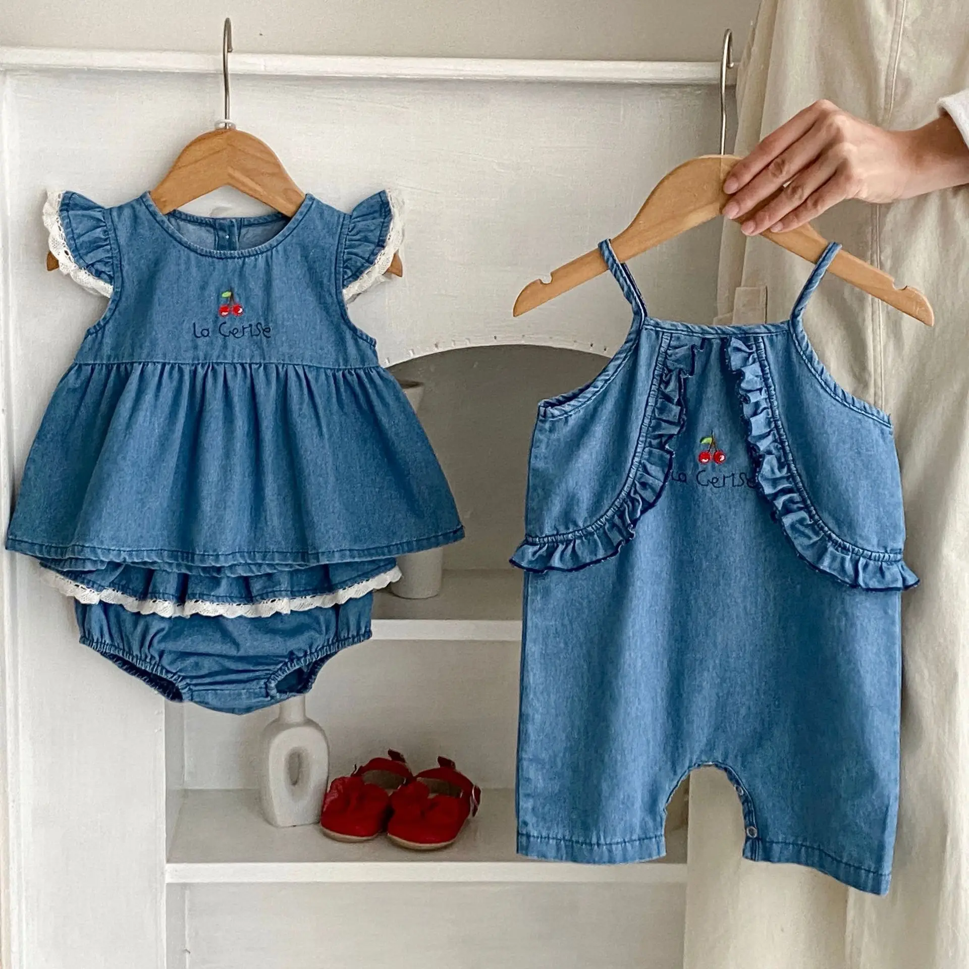 Baby Cowboy Pure Cotton Set 0-3 Year Old Female Baby Split Two Piece Set Cherry Embroidered Cowboy Clothes