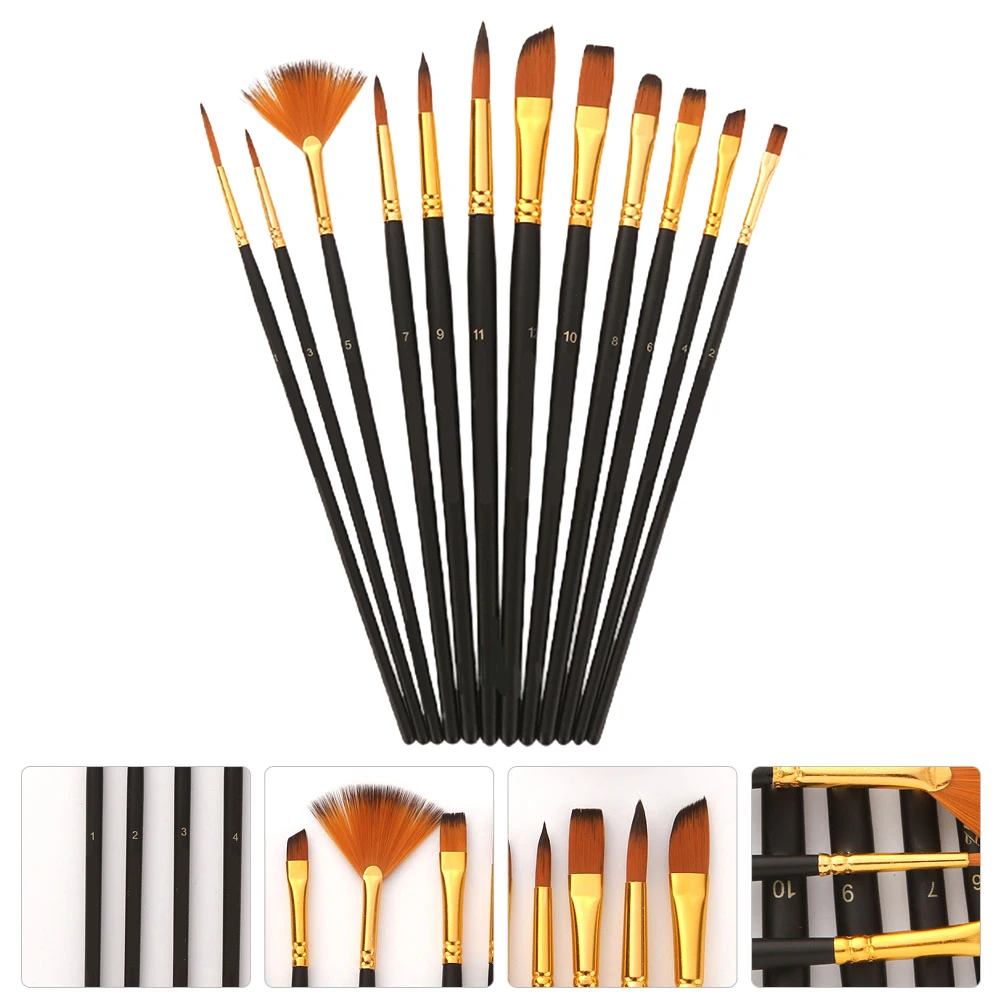 

12 Pcs Brushes Set Long H Wooden Artistic Drawing Brush Nylon Copper Ferrule Oil Painting Art Supplies For Artists Child
