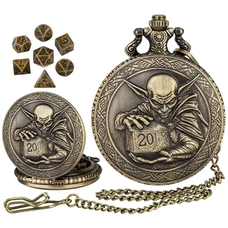 Retro 7Pcs/set Tiny Metal Polyhedral Dice for Role Playing Game Rpg Dices with Kobold D20 Dices Pocket Watch Case Pendant Chain