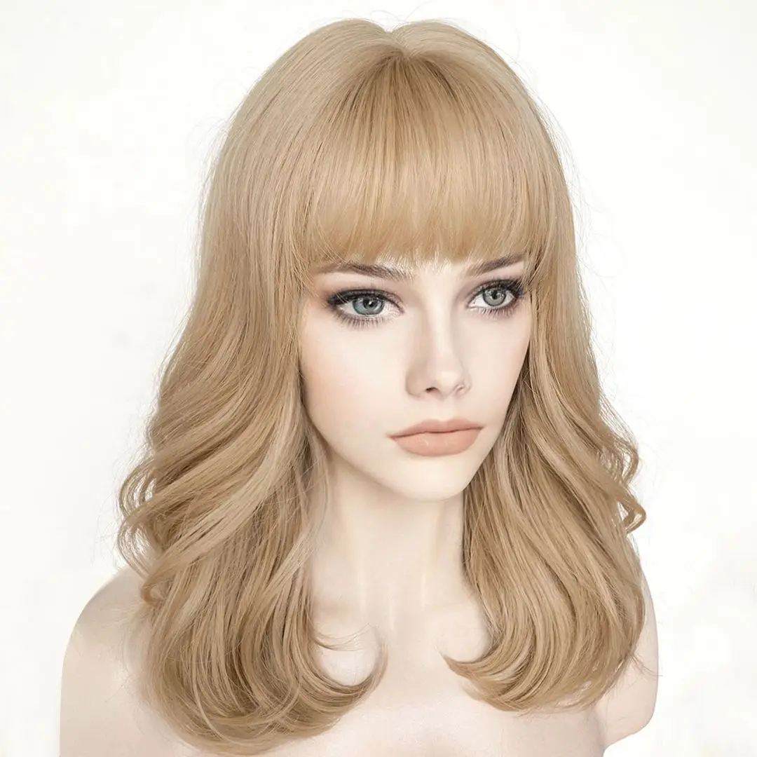 Fringe Lace Front Champagne Blonde Wavy Short Bob Synthetic Hair Wigs for Black Women Cute Bangs Glueless Soft Lolita Wigs