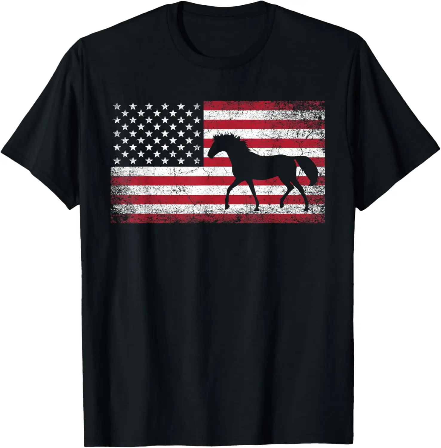 

Distressed American Flag Horse Silhouette Graphic Tee Patriotic Western Riding Shirt
