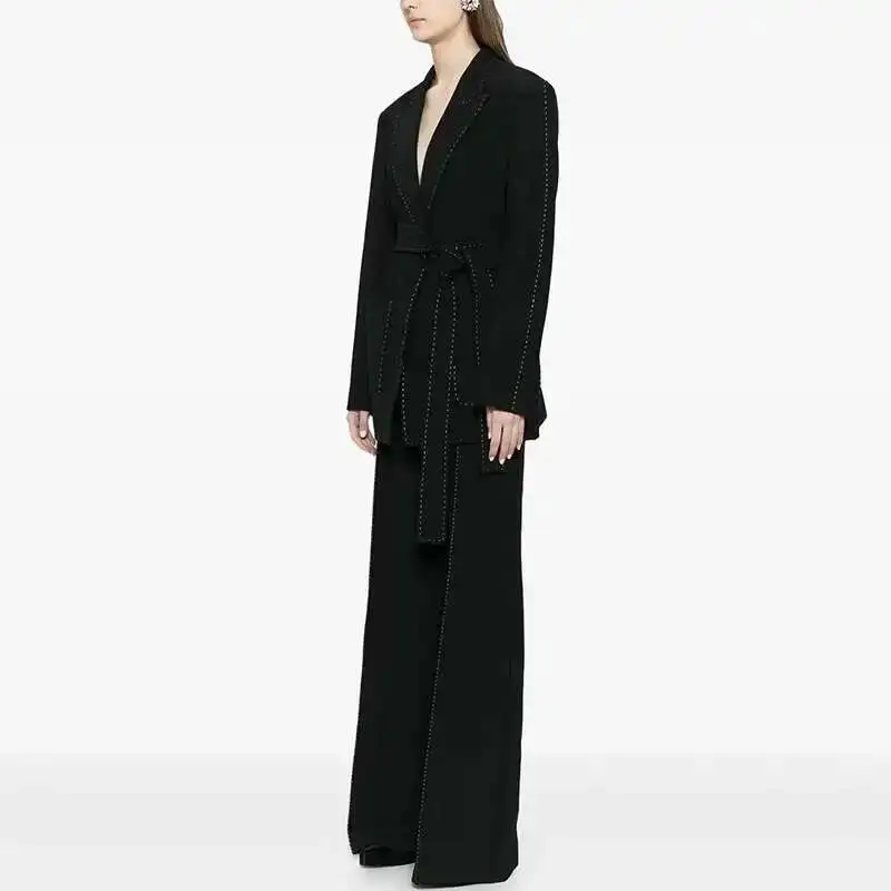 HKSH Spring Autumn New Women Two Pieces Suit Set Elegant Fashion Color Block Line Decorative Belted Blazer Wide Leg Pants HK3231