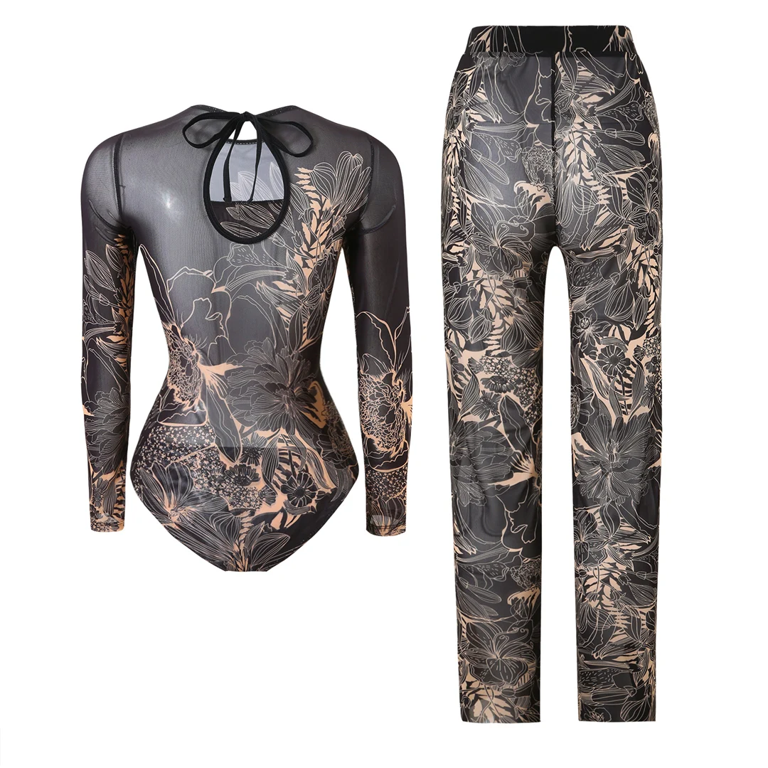 S - XXL Neuer bedruckter Badeanzug mit langen Ärmeln und Hose, einteiliger Damen-Badeanzug, floraler, gepolsterter Badeanzug, Badebekleidung, Modell V7176 – Detail 24