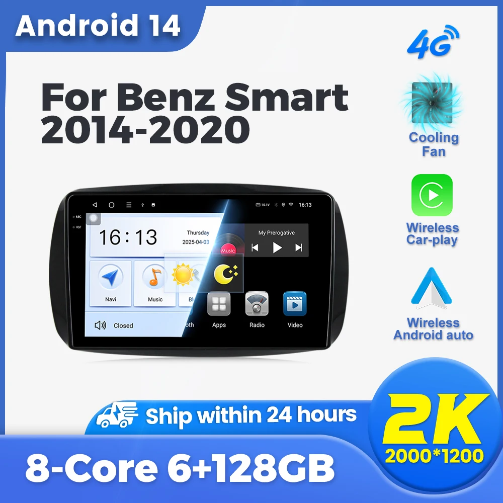 

Автомобильный радиоприемник, видео-мультимедийный плеер, Android 14 9 дюймов для Mercedes Benz Smart 453 Fortwo 2014-2020, GPS Navi, беспроводной Carplay DSP