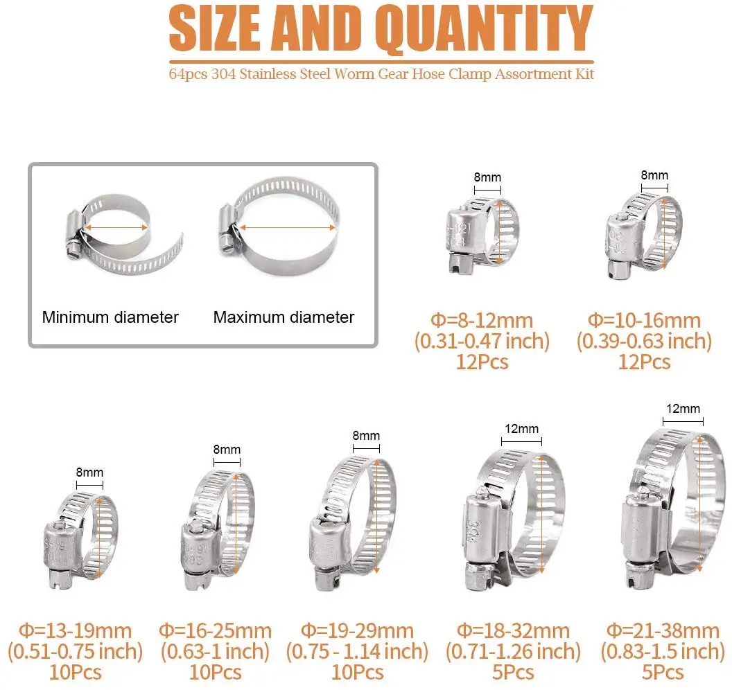 다양한 파이프용 웜 기어 호스 클램프 구색 키트, 직경 8 ~ 38mm, 64 개, 자동차 기계용