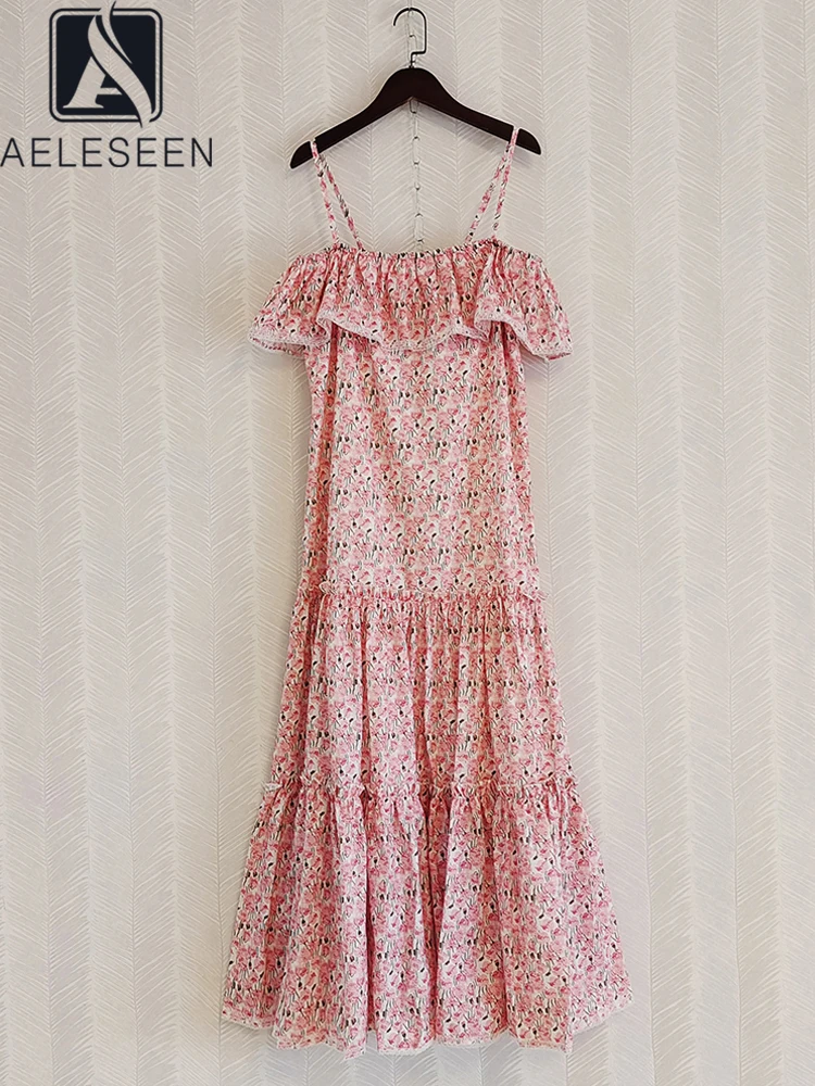 

AELESEEN Bohemian Summer Women Dress 2022 Runway Fashion Spaghetti Strap Pink Flower Print Ruffles Long Party Holiday Camisole