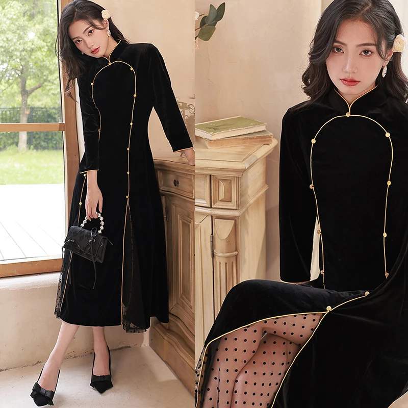 

Qipao Gold Velvet Black Long Dress Stand Collar Retro Patchwork Cheongsam Chinese Style Women Vestidos Wedding Party Gown