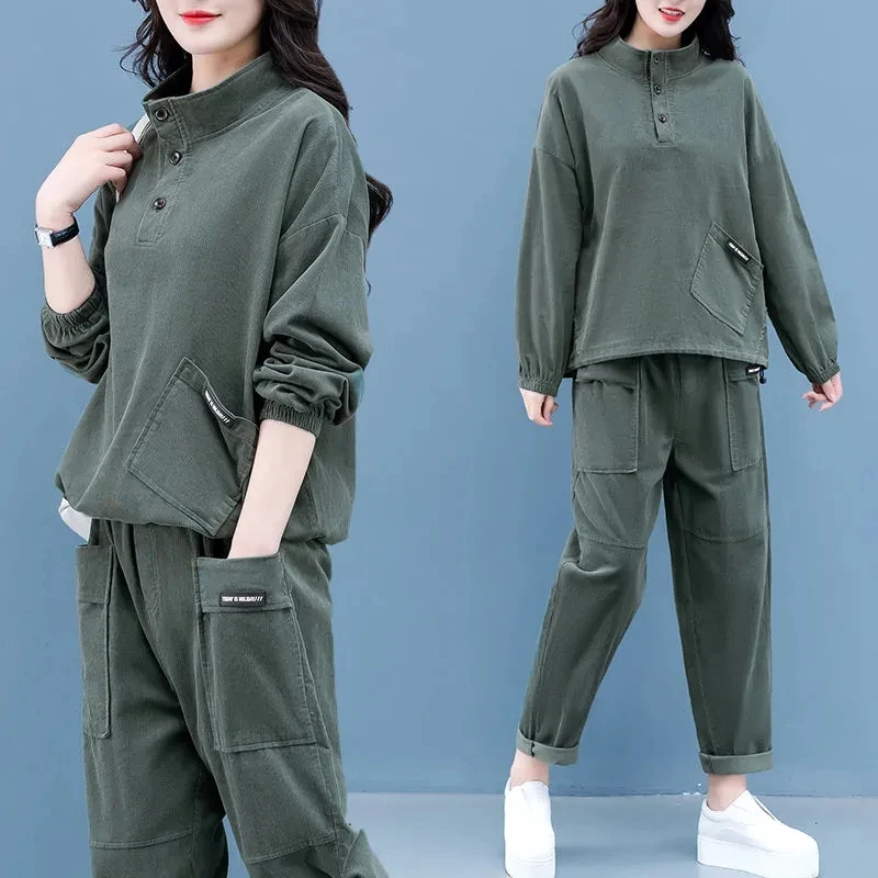 Oversized Women\'s Suit 2023 Spring Autumn Long sleeved Sweatshirt Sportswear Two-piece Loose Solid Female Casual Clothing Sets