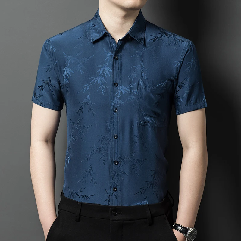 

Bamboo Leaves Jacquard Real Silk Shirts For Men Short Sleeve Icy Summer Top Quality Soft Comfortable Easy Care Camisas De Hombre