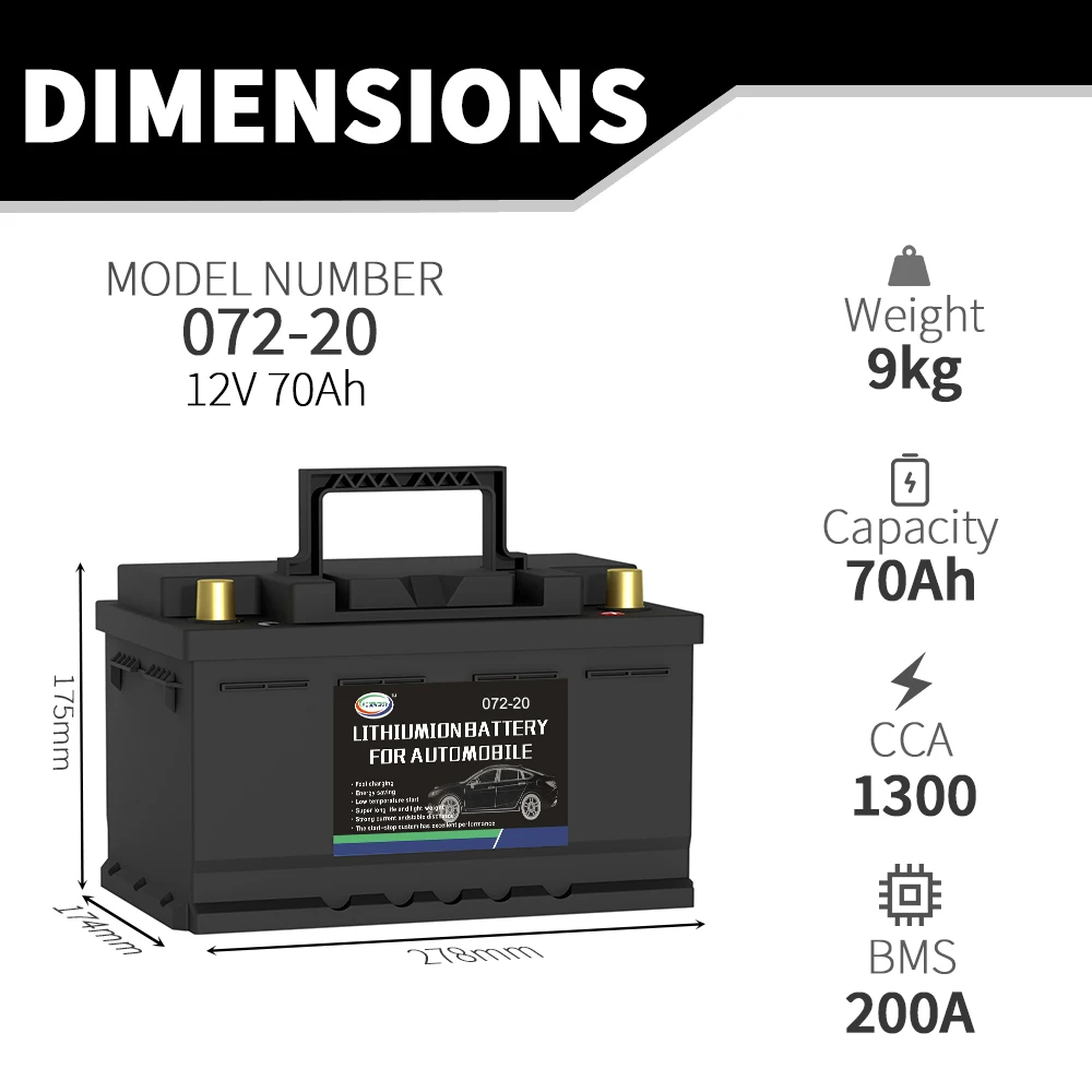 12V LiFePO4 Car Battery Lithium Iron Phosphate Rechargeable Batteries 072-20 70Ah CCA 1300A Maintenance Free Automotive Battery