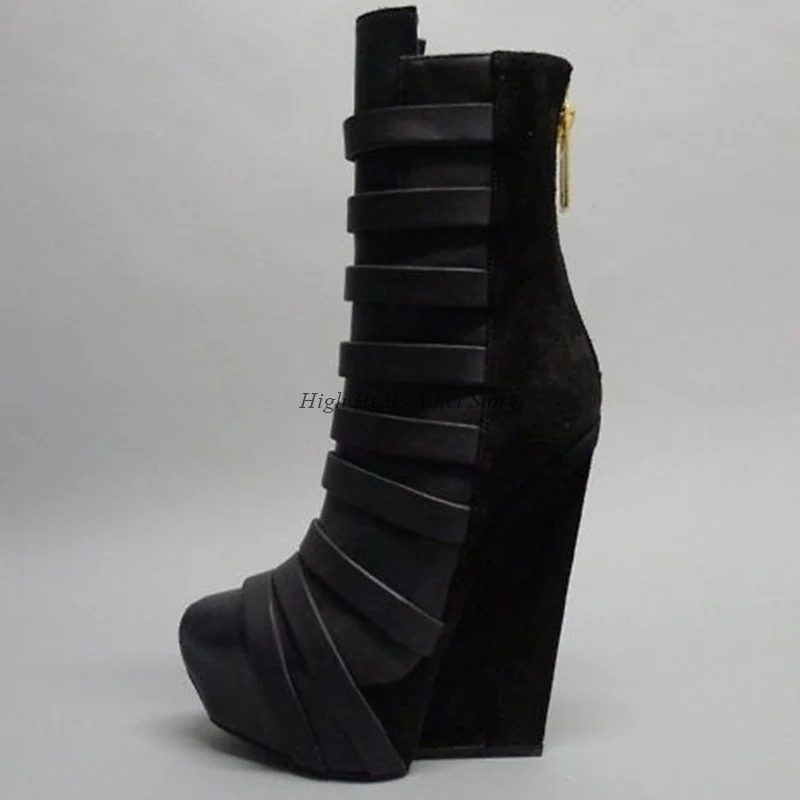 مثير أسود/أحمر جلد أسافين حذاء برقبة للركبة 2025 شتاء جديد في منصة سوبر عالية الكعب سستة حذاء بوت بطول الكاحل تصميم أحذية الحفلات #2