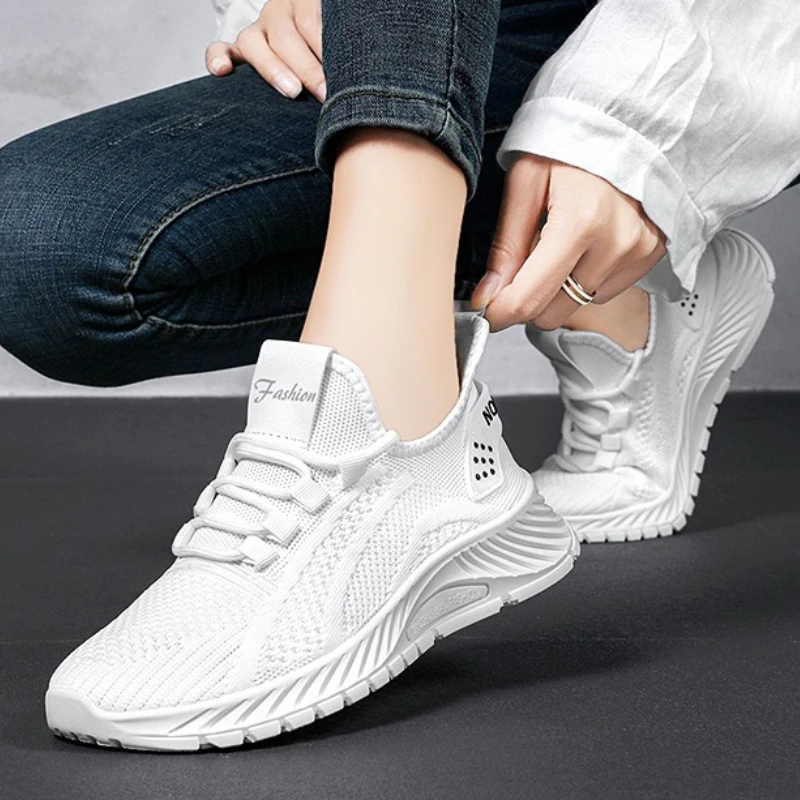 

Women's Spring Summer Plain Color Simple Design Fly-Weave Mesh Breathable Flat-Topped Round-Tip Lace-Up Casual Sports Shoes