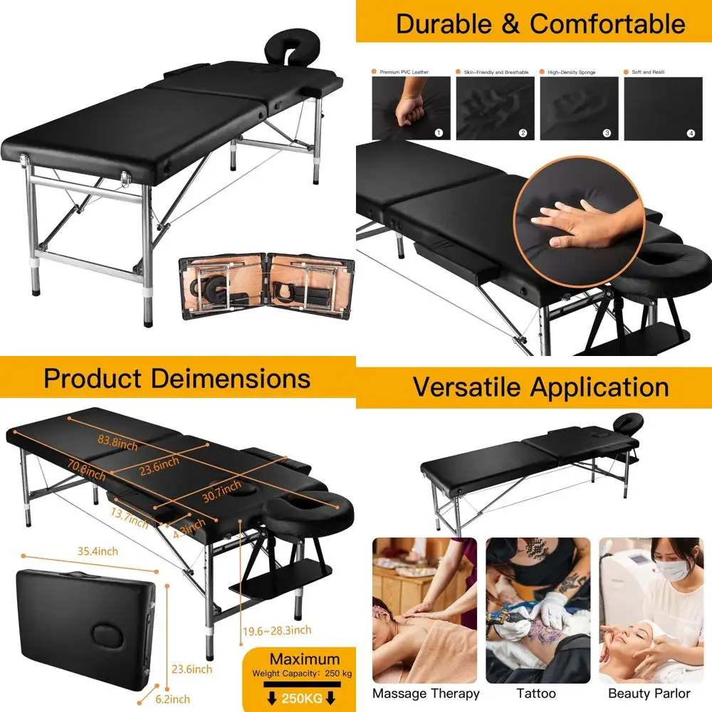 Tragbarer, verstellbarer, 24-breiter, klappbarer Massagetisch aus schwarzem Aluminium, geeignet für Tätowierungen, Wimpern und Kosmetikerbehandlungen