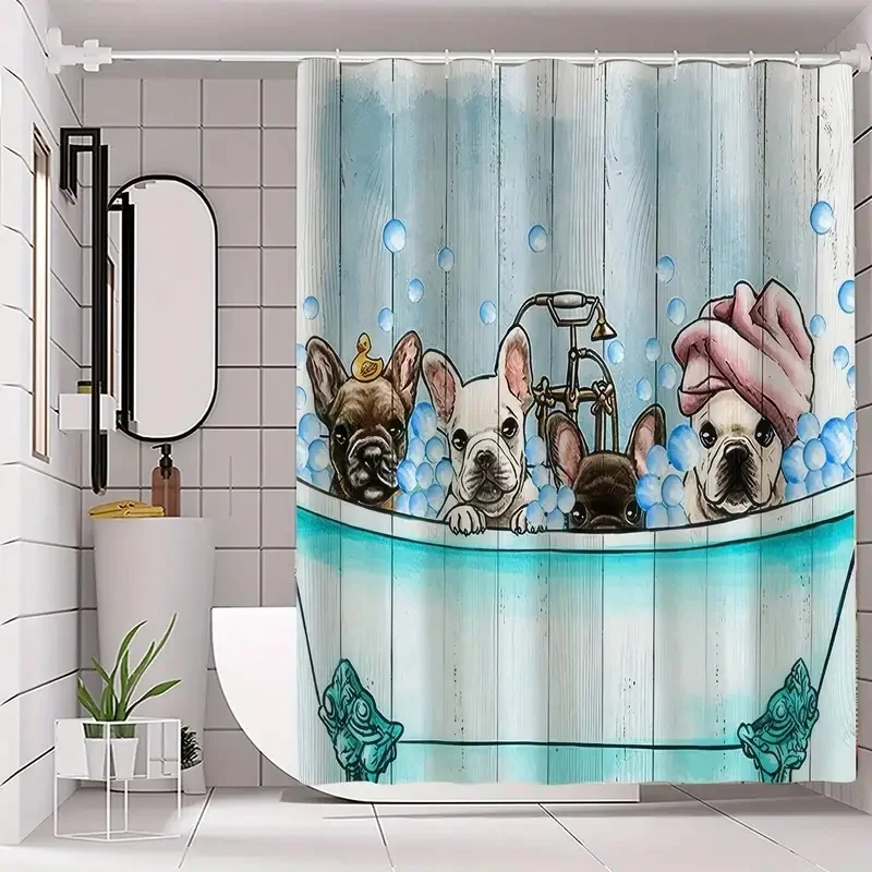 VIKAMA Cute Pet Dog Shower Curtain French Bulldog Bathtub Bubble Print Waterproof Curtain for Bathroom Decoration