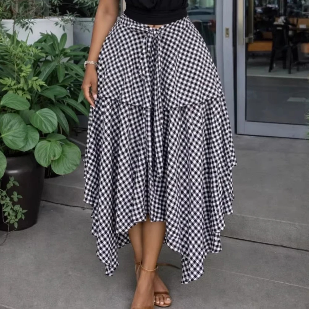 Trendige Sommerröcke für Damen: Streetwear High-Waist-Schleifenrock mit Karomuster und unregelmäßigem Taschentuch-Flare-Saum – Neu 2026 – Detail 6