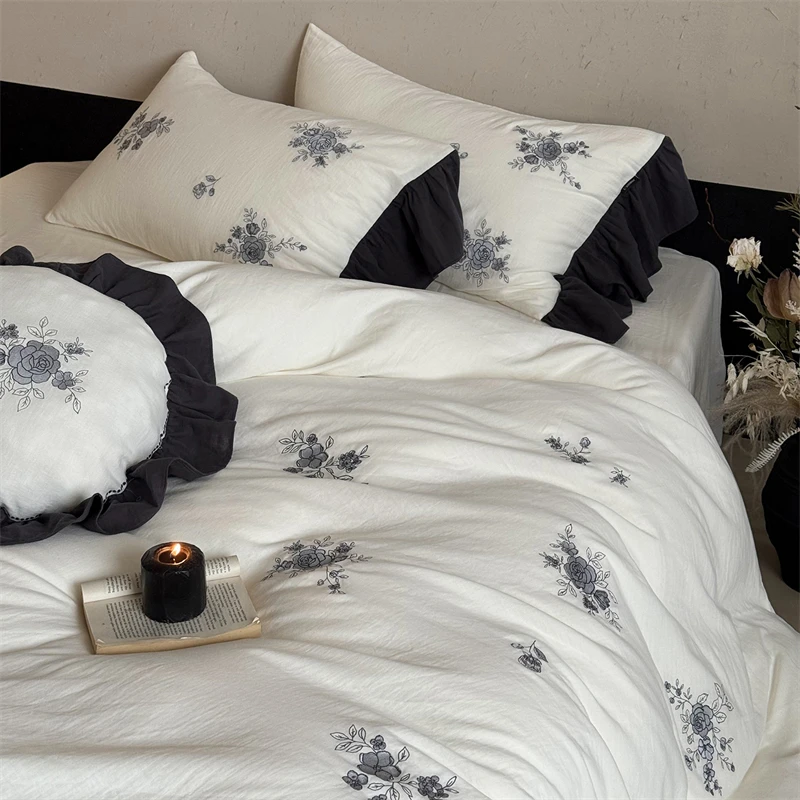

Rose Flowers Embroidery 100% Cotton Wrinkled Yarn Bedding Set Single Queen King Size Duvet Cover Flat/Fitted Sheet Pillowcases
